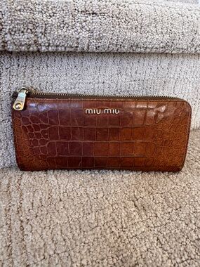 Miu Miu Brown Croc-Embossed Long Zip Wallet with Gold Hardware
